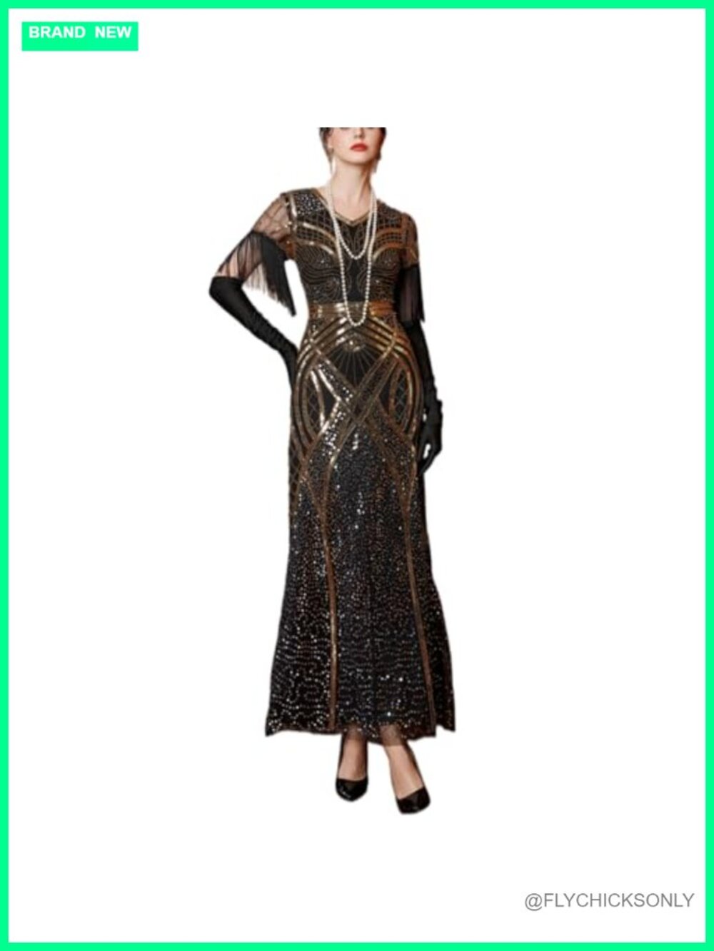 1920s Great Gatsby Sequin Mermaid Long Gown Fringe Sleeve Formal Dress